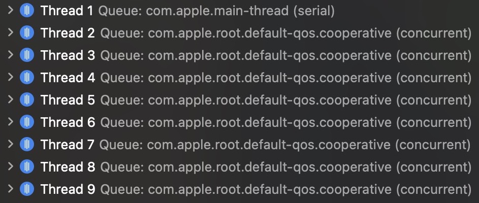 Xcode debugger showing 8 threads for the cooperative pool